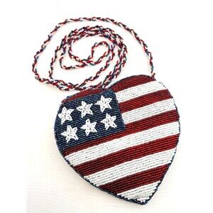 ERMO Beaded USA Flag Heart Crossbody Pouch Purse Small Patriotic Braided Strap